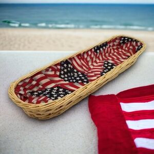 Gift Basket Wicker Woven Decorative Oblong American USA Flag Sheeted